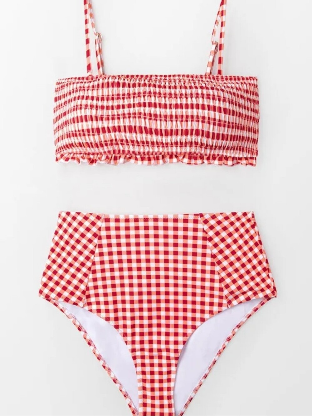 CUPSHE Red High Waist Gingham Two-Piece Swim Set - Smocked Bandeau Top - Size L